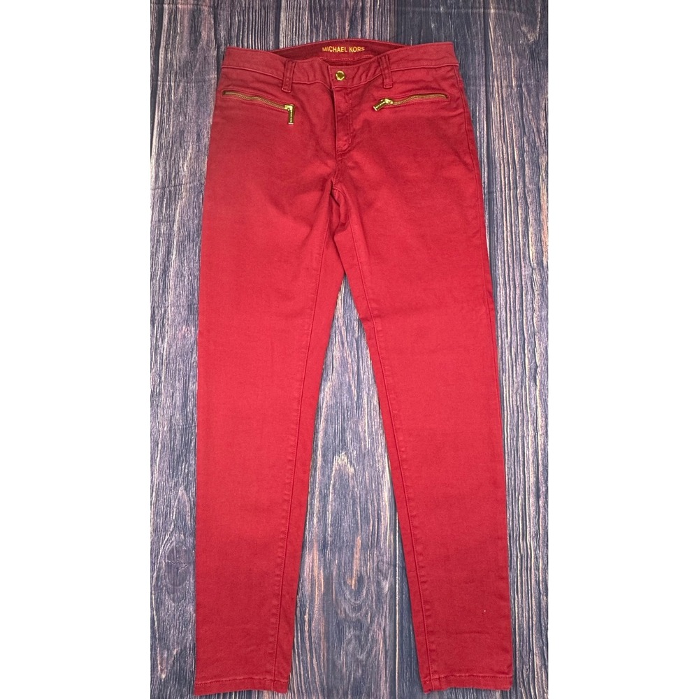 Michael Kors Izzy Skinny 8 Red Cotton Blend‎ Modern Gold Zip Ankle Pants Jeans - Picture 2 of 9